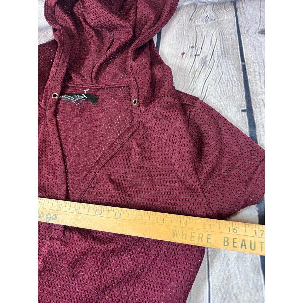 Forever 21 Burgundy Mesh Jersey Crop Top Hoodie Short Sleeve V-Neck Small - Picture 3 of 6